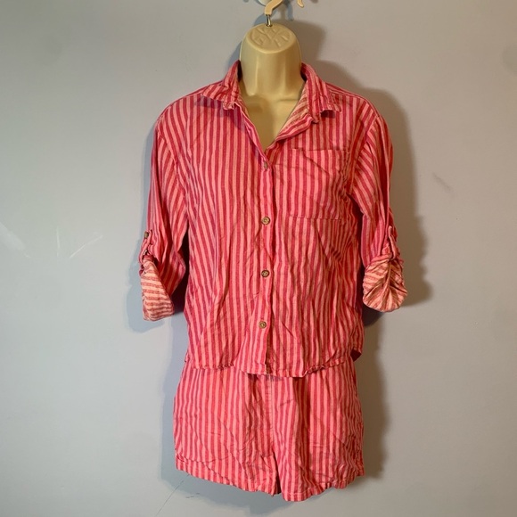 Jessica Simpson Pink Striped linen blend matching set long sleeve and shorts 12 - Picture 1 of 5